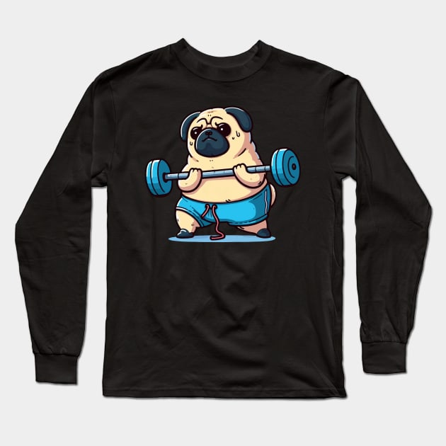 pug dog working out and lifting weights Long Sleeve T-Shirt by Arteria6e9Vena